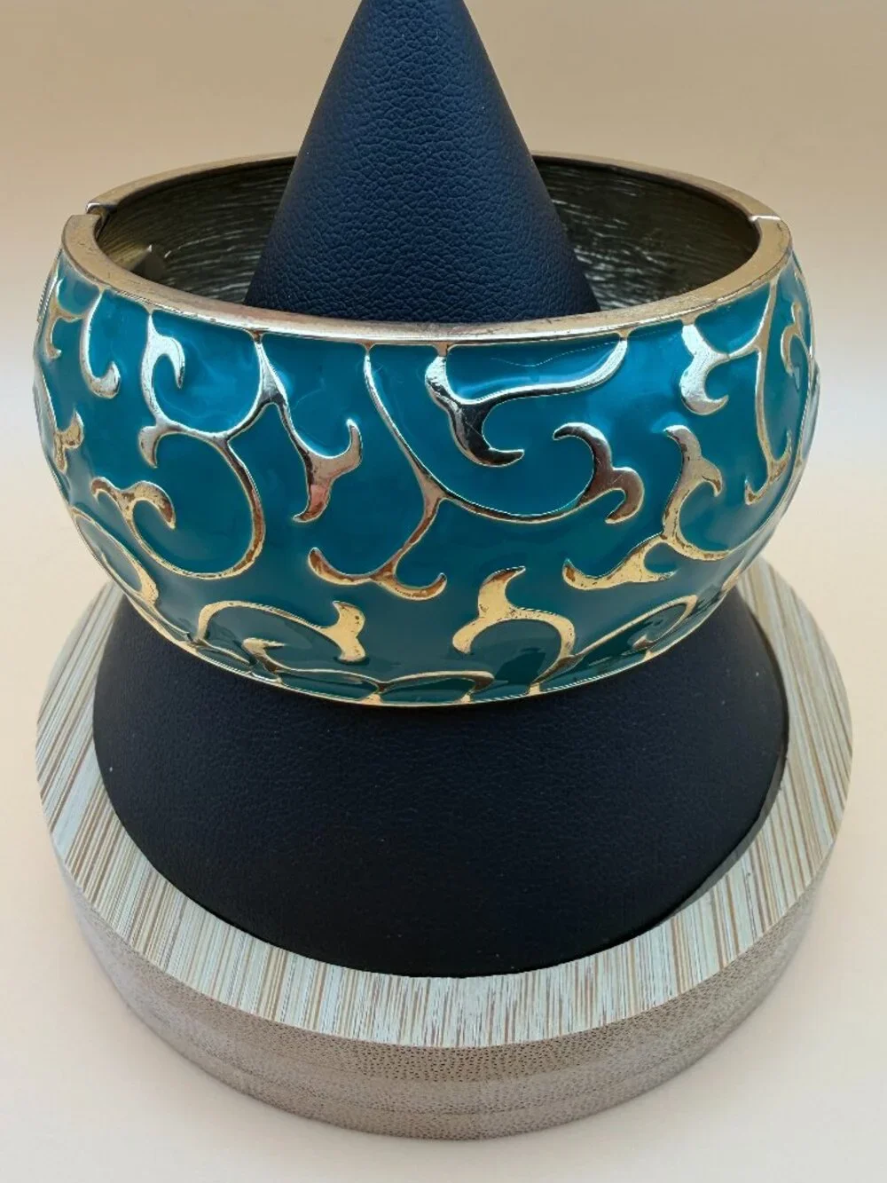 Turquoise Blue and Gold-Tone Enamel Hinged Bracelet